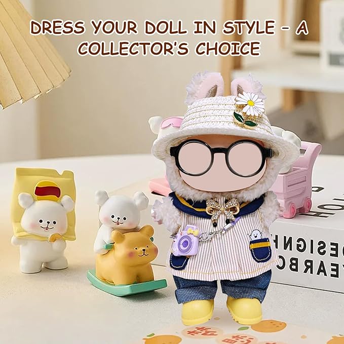 17cm Doll Clothes Set (6-Pcs Outfit), Stylish Clothing for Bunny Doll with Top, Pants, Shoes & Accessories, Just Clothes