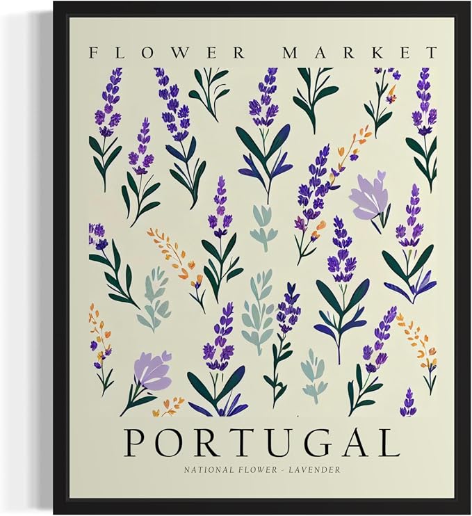 Portugal Flower Market Art Print Poster, Wall Art Floral Painting Botanical Decor for Bedroom, Kitchen, Bathroom Livingroom Decoration 82B (Portugal, 14"L x 11"W, Black Frame)