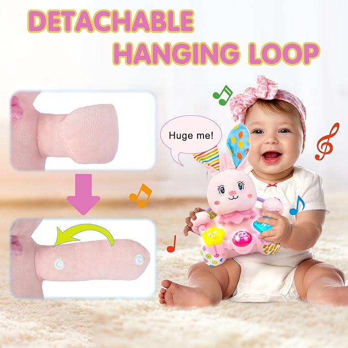 Baby Bilingual Musical Rabbit Stuffed Animals Toys,Infant Early Learning Toy with Light-Up Music & Crinkle,Tummy Time Toys for 0 3 6 9 12+ Months for Baby Boy Girl Gift,Pink