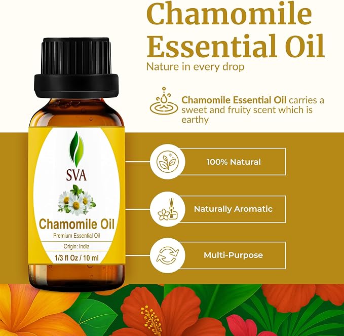 SVA Chamomile Essential Oil 1/3 Fl Oz – for Diffuser, Skin & Hair Care – Ideal for Massage & DIY Blends