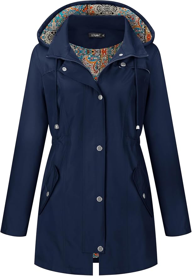 LOMON Women Waterproof Outdoor Hiking Raincoat Women Lined Rain Jacket Lightweight Hooded Jackets Trench Coats