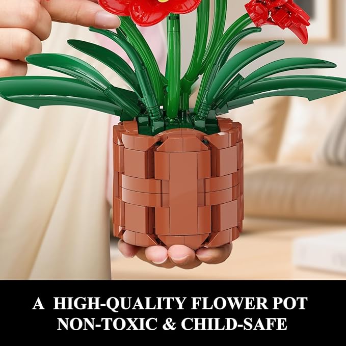 Amaryllis Flowers Bonsai Building Set, Botanical Collection Building Block, Artificial Plant Kit Home Decor, 503 PCS Flower Bouquet Bonsai for Her Adults Kids Boys Girls 12+