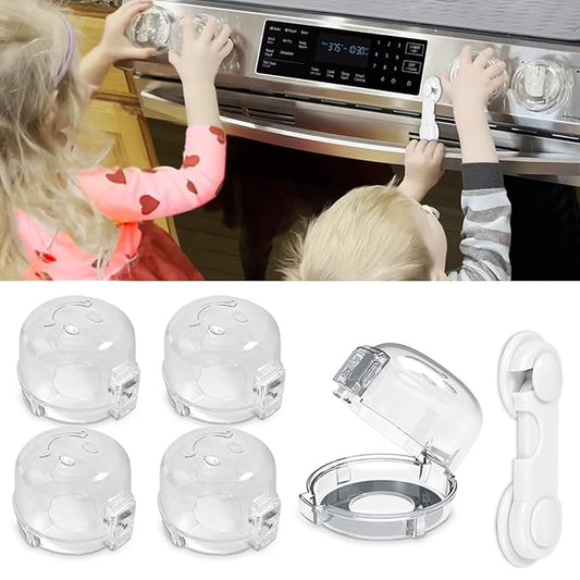 Childproof Stove Knob Covers, Oven Knob Covers for Child Safety 5+1 Pack,Clear Stove Knob Safety Covers & Gas Stove Locks, Heat-Resistant Adhesive,Double-Key Baby Proof Covers for Gas/Electric Burners