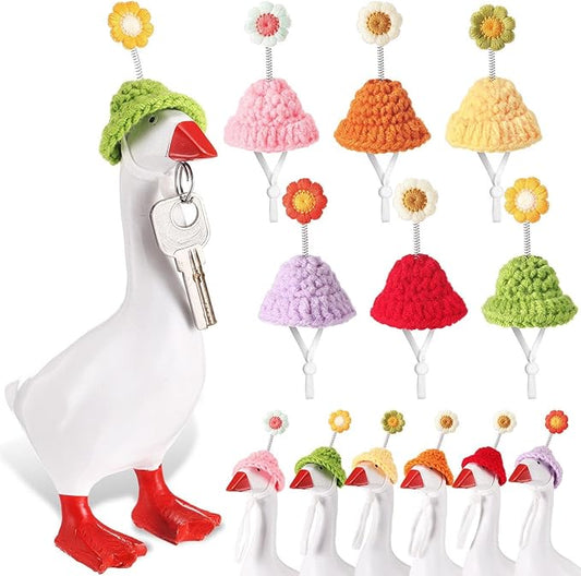 Geyoga 6 Pcs Mini Knitted Hats 7 Inch Goose Outfits Hat with Adjustable Strap Mini Porch Goose Headwear for Statue Key Holder