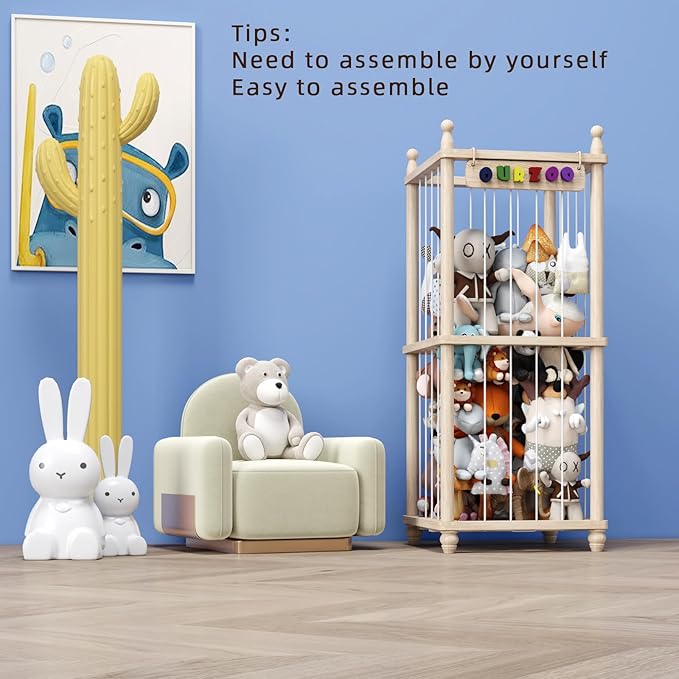 Stuffed Animal Storage Wood Toy Storage Organizer, Upgraded Design from Bean Bag Stuffed Animal Hammock Plushie Net, Large Toy Chest Stuffed animal holder for Kids Nursery Playroom Bedroom （L）