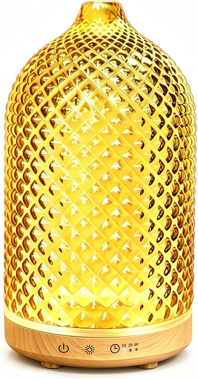Essential Oil Diffuser, 3D Diamond Glass Aromatherapy Diffuser with Ultrasonic Cool Mist, 7 Color LED Lights, 1/2/4H Timer, Quiet Auto Shut-Off Oil Diffuser for Bedroom, Home, Office (Yellow)