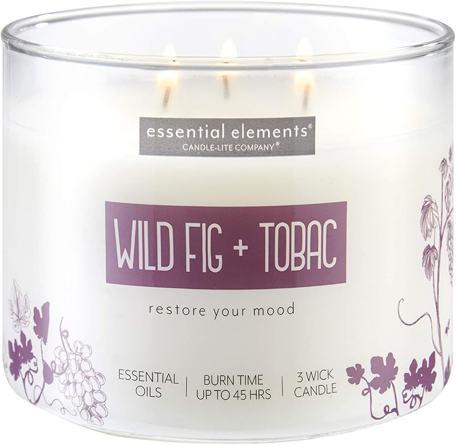 Essential Elements by Candle-Lite Company Scented Wild Fig & Tobac 3-Wick Jar Candle, 14.75 oz, Off White