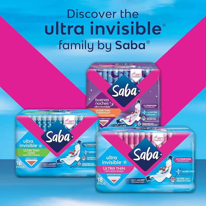 SABA Ultra Invisible Ultra Thin Long Pads with Wings, Heavy Flow, 6-Pack of 16 Pads (96 Count)