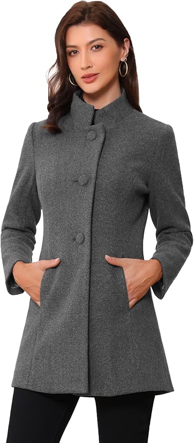Allegra K Women's Winter Overcoat Mid-Long Stand Collar Single Breasted Coat Outerwear