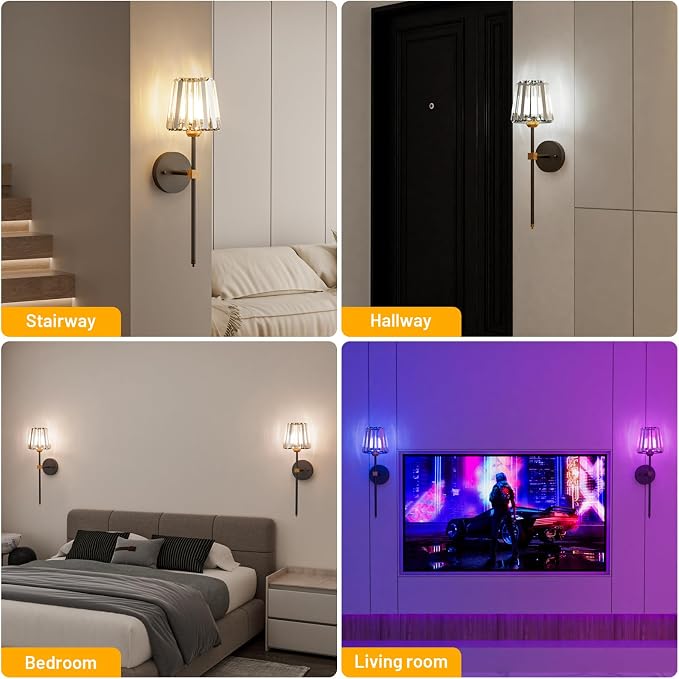 Crystal Battery Operated Wall Sconces Set of 2, Black and Gold Rechargeable Wireless Wall Lights with Crystal Lampshade, 12 RGB and 3CCT Dimmable Wall Lamps with Remote for Bedroom Living Room Hallway