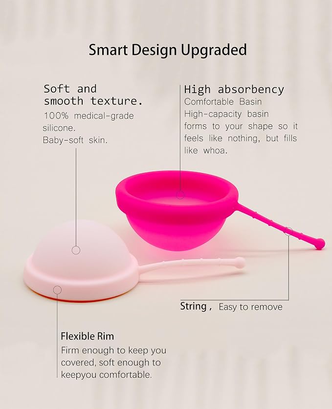 Reusable Menstrual Disc, Ultra-Soft Medical-Grade Silicone Period Disc for Women Wear 12 Hours 2 Size for Light & Heavy Flow Removal String (Red+Pink, L+S)