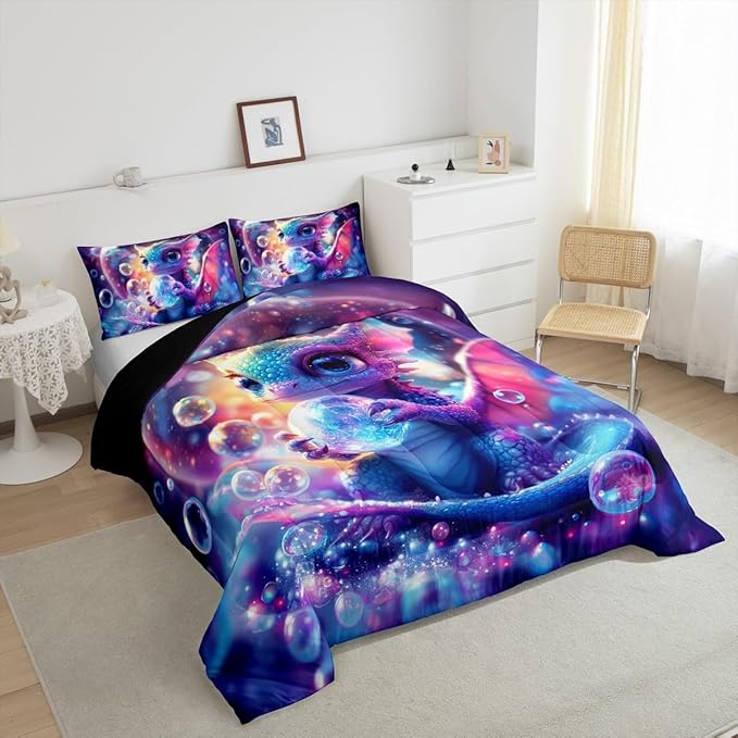Feelyou Dragon Comforter Set Twin Size Kawaii Comforter for Boys Girls Teens Wild Life Bedding Set Dragon Decor Duvet Set Room Decor Purple Blue Quilt Set