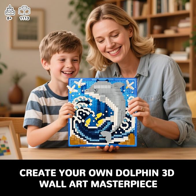 Dolphin Animal 3D Wall Art Micro Mini Building Blocks Set, Unique Home Wall Decor or Table Display, No Compatible with Lego Set, Ideal Gift Toy for Adults Boys Girls (1113 PCS)