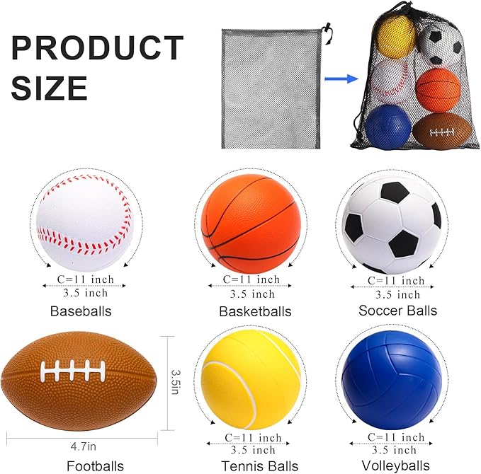 Urspasol Mini Sports Balls Set of 6 Foam Balls for Kids 3.5 inch Soft Ball for Toddlers 1-3 with Bag Includes Soccer, Basketball, Football, Baseball,Tennis and Volleyballs- Throwing Toys for Babies