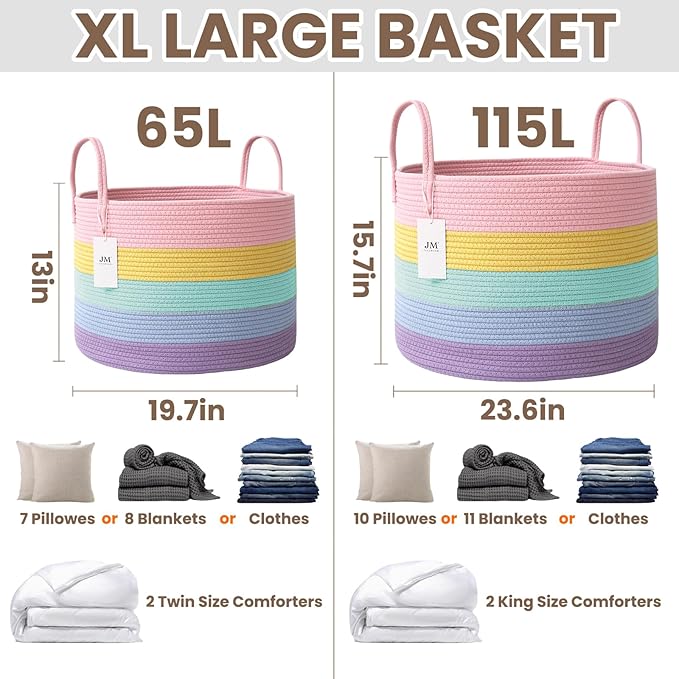 JMvicyroam 65L Extra Large Machine Washable Cotton Rope Blanket Basket | Collapsible laundry hamper, Reinforced handles, For blankets, pillows, toys and clothes, Living room and bedroom, Rainbow