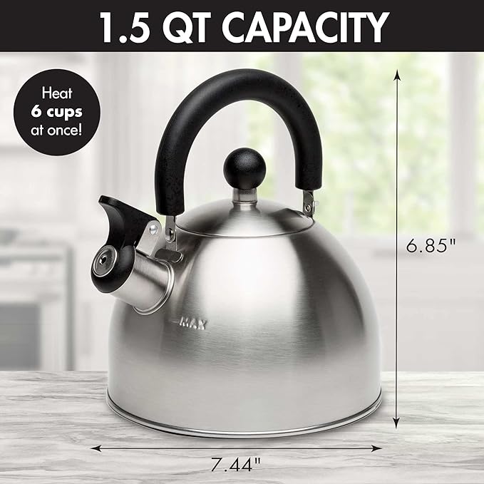 Primula Stewart Whistling Tea Kettle for Stovetop, Stainless Steel Stove Top Kettle with Fast Boil Whistling Spout and Cool Touch Folding Handle, 1.5-Quart, Brushed Silver with Black Handle