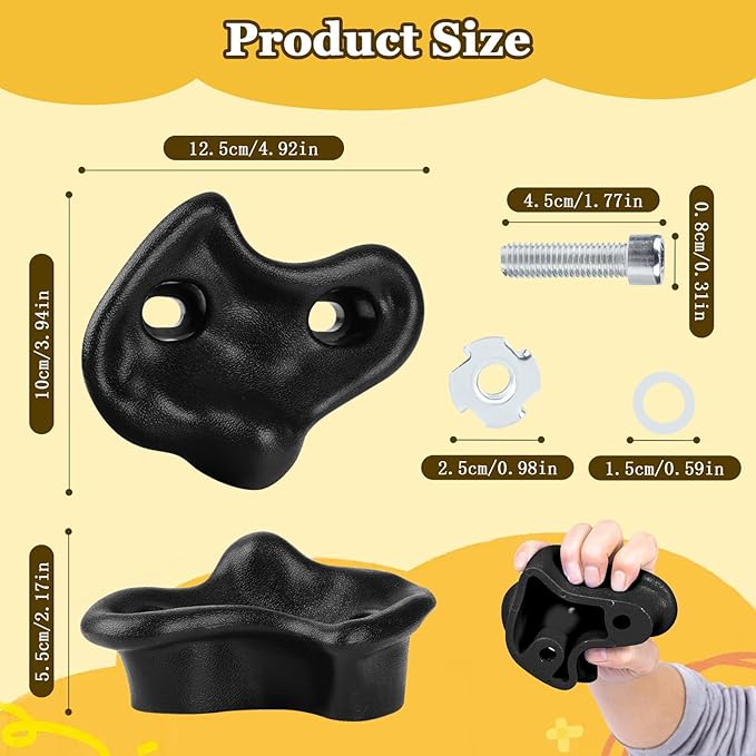 5PCS Black Rock Climbing Holds, Rock Climbing Wall for Kids, Extra Large Size Climbing Rock Wall Grips with Mounting Hardware and Wrench for Indoor Outdoor Playground, Installed on Wooden Board