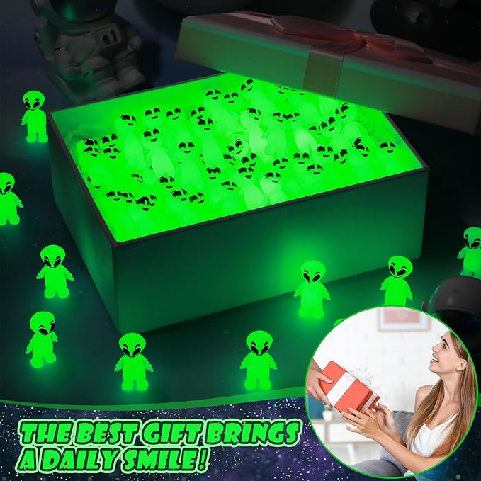 100 Pcs Halloween Mini Alien Figure Glow in The Dark Small Luminous Alien Figurine to Hide and Seek for Halloween Party Favors, Trick or Treat Goodie Bag Fillers, Space Party Favors