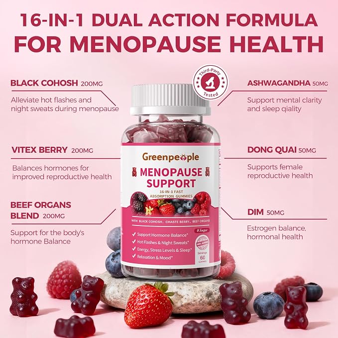 GREENPEOPLE Menopause Supplements for Women Gummies - 16-in-1 Dual Action Relief with Black Cohosh, Vitex, Beef Organs for Hormone Balance, Hot Flashes, Night Sweats & Mood, Sugar-Free, 60 Count