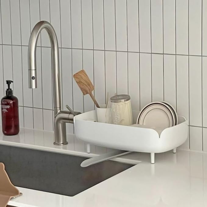 Small Dish Drying Rack for Kitchen Counter, Compact Dish Drainer with Drainage Spout & Spoon Holder, Space-Saving Drying Rack for Small Kitchens, Apartments & RVs, Made in Korea (Cream White)