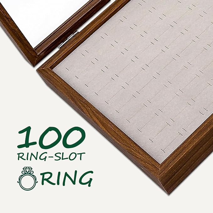 Wooden Travel Jewelry Box w. Tempered Glass Display Lid - Rings Storage - 100-Slots Velvet Organizer (Dark Oak) by The Display Guys