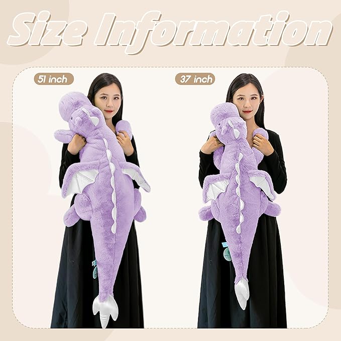 ARELUX Large 37in Cute Dragon Stuffed Animals Plush Toy Soft Purple Pterosaur Plushie Giant Fuzzy Dinosaur Pillow Plushies with Wings Cuddly for Friends Family Member