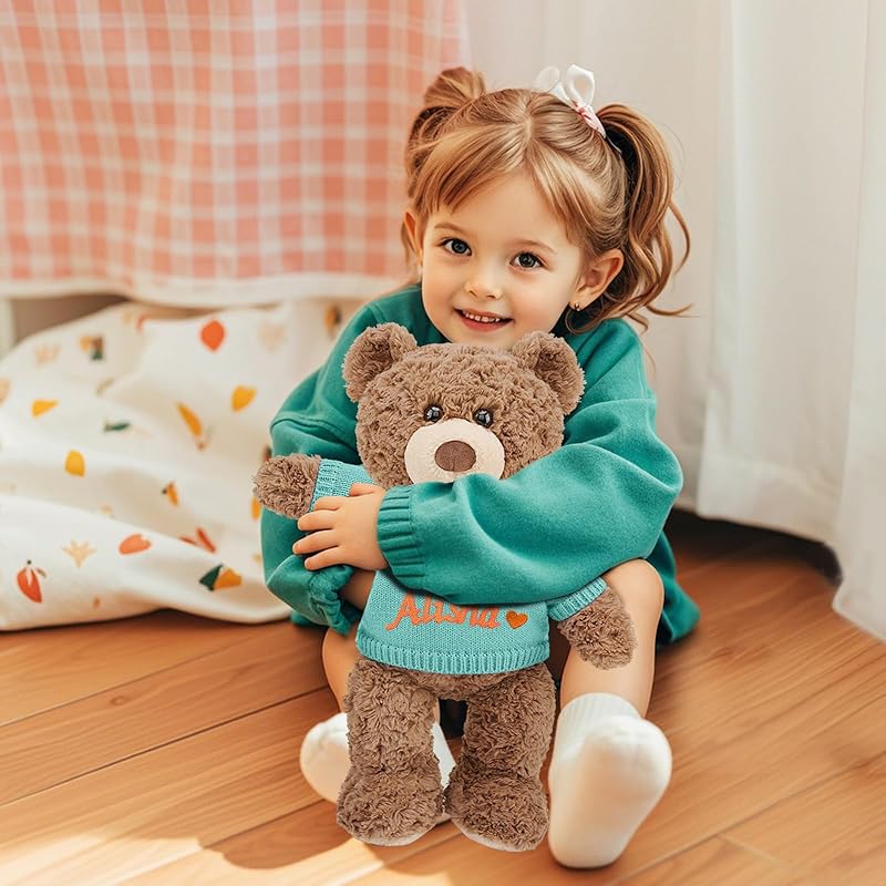 Personalized Teddy Bear Stuffed Animal, 11 Inch Custom Bear Plush with Embroidered Name Text, Christmas Birthday Gift for Baby Boys Girls Kids