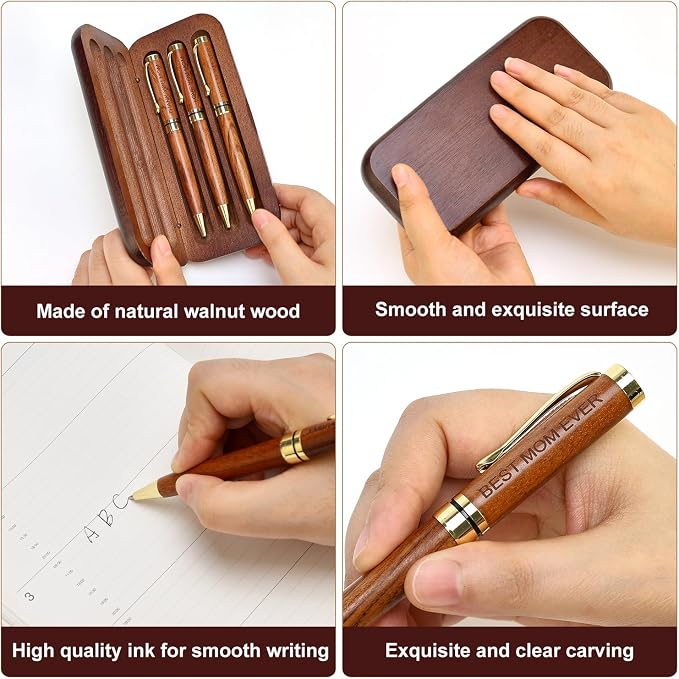 Renawe Cool Wooden Pens with Pen Box Gift for Mom, Mother In Law, Christmas, Mother's Day, Birthday Ideas, Cute Engraved Pens, Unique Presents for New Mom from Daughter Son