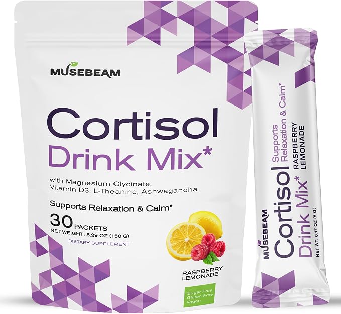Musebeam Cortisol Calm Drink Powder Mix - Calming Stress Support Packets for Women Men with Ashwagandha Magnesium Glycinate - Relaxing Raspberry Lemonade Flavor for Healthy Cortisol Levels Relax Focus