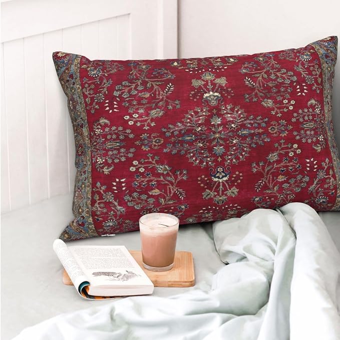 Central Red Persian Silk Rug Print Pillow Covers Decorative Lumbar Throw Pillowcase 12x20 Inch Couch Cushion Cover for Home Decor Living Room Bedroom College Dorm Bed Car Sofa