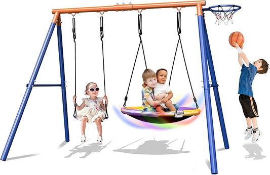 4-in-1 Swing Sets with Stand for Backyard, 440lbs Outdoor Saucer Swing Set for Kids, Heavy-Duty A-Frame Metal Playset for Playground, 32 inch Saucer, Belt Swing, Basketball Hoop, Led Light & Anchors