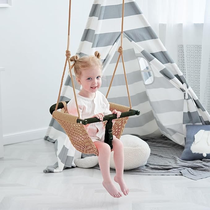 Kids Swing Seats Indoor Hand-Made Net Swing with Adjustable Rope Tree Swings for Kid Child Backyard Playground Swings Outside Indoor (Khaki)