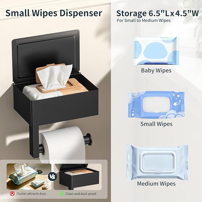 FORIOUS Toilet Paper Holder with Shelf, Sanitary Napkin Receptacle Tampon Holder, Wall Mount Toilet Paper Holder with Storage, Flushable Wipes Dispenser Fits for Bathroom Commercial(Black, 6.5 L) | The smaller, lighter box is not suitable for large wip...