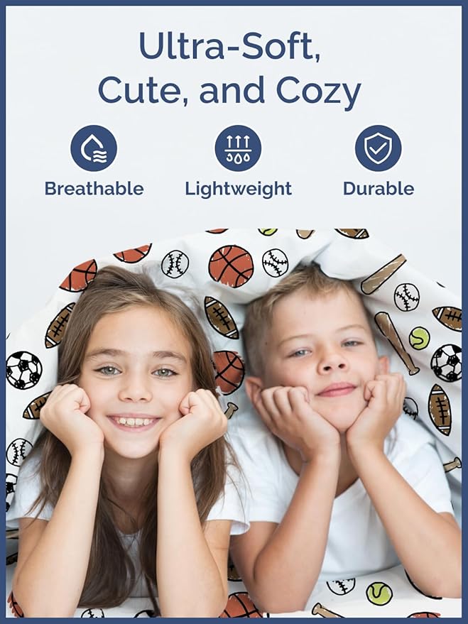 Kids King Size Bed Sheet Set - 4 Piece Kids Loft Bed Sheets - Soccer, Basketball, Football, Tennis and Baseball - Soft, Cute - Breathable & Machine Washable - Bed Set for Boys, Girls, Teens & Toddlers