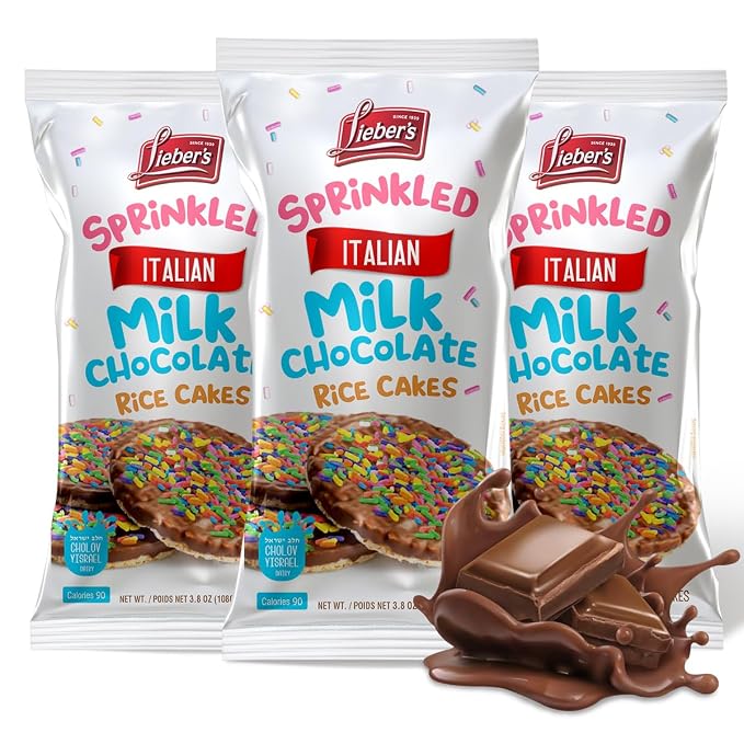 LIEBERS Sprinkled Topped Milk Chocolate Rice Cakes, Kosher Certified Dairy, Gluten Free Snack (pack of 3)