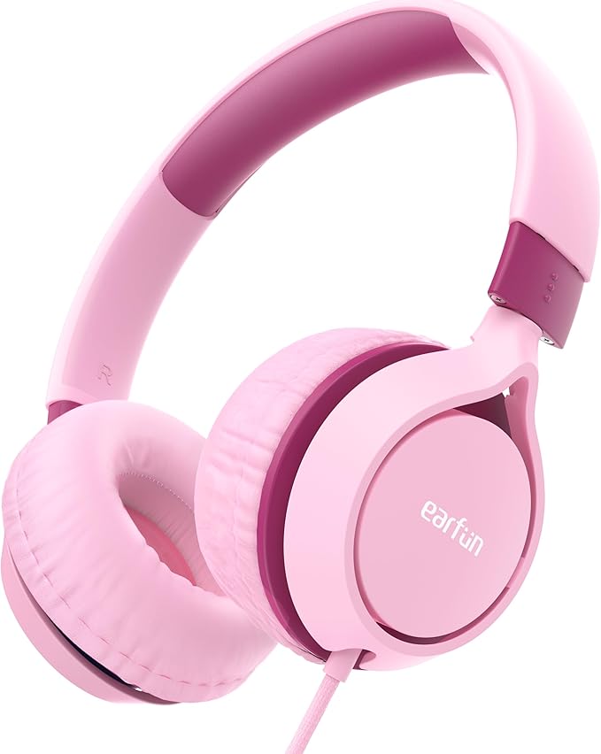 EarFun S1 Kids Headphones, Foldable Wired Headphones for Kids, 85dB Volume Limit, Stereo Sound, Adjustable Headband, Portable Lightweight On-Ear Headphone for School/Travel/Boys/Girls/PC, Pink