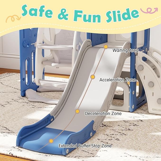 kinbor Toddler Swing and Slide Set - Indoor Outdoor Baby Slide for Toddlers 1-3, Toddler Playground with Basketball Hoop & Storage – Safe, Sturdy Kids Indoor Outdoor Playset, Blue