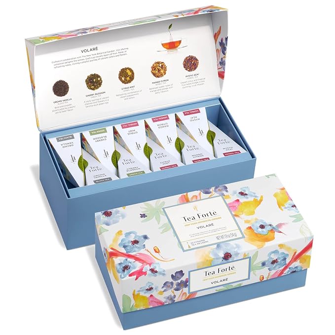 Tea Forte Premium Presentation Box Gift Set Sampler, 20 Count, Assorted Blends Individually Wrapped Handcrafted Pyramid Infuser Bags, Volare