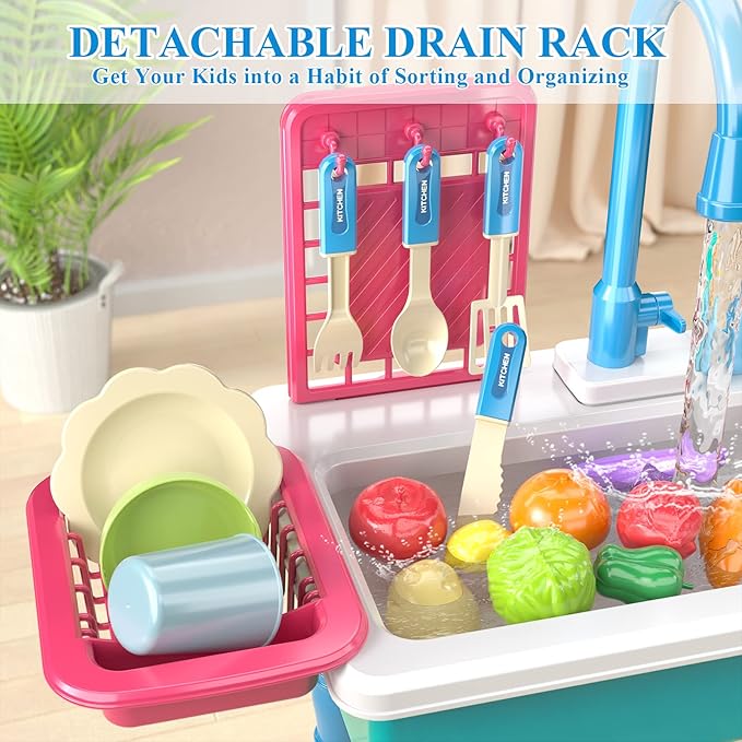 Play Kitchen Sink Toys, Blue Electric Dishwasher Playing Toy with Running Water, Play Food & Tableware Accessories, Kitchen Set Toys, Role Play Sink Set for Toddlers Kids Boys Girls