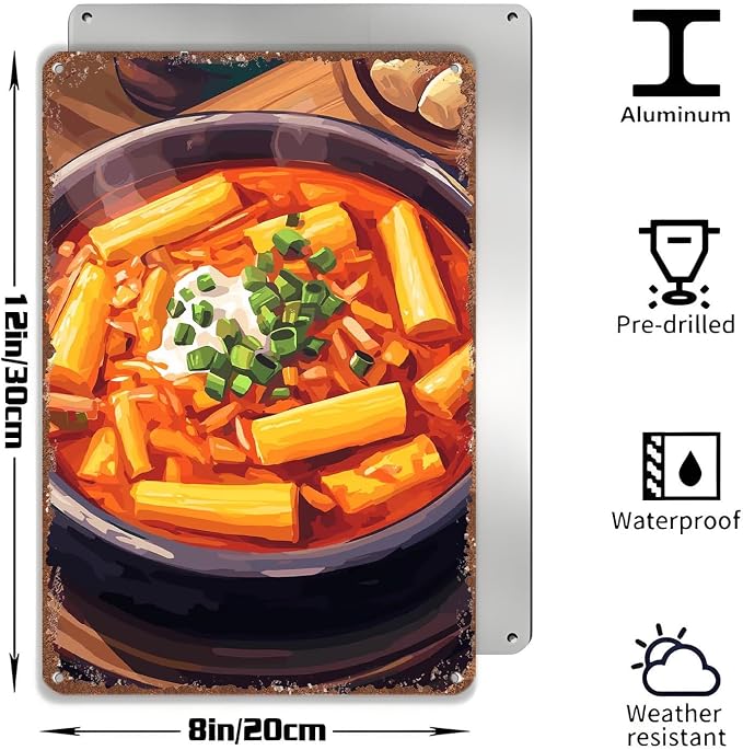 Spicy Tteokbokki Korean Rice Cake Pattern Retro Aluminum Metal Sign 12x8Inch Decorative Wall Art for Home Kitchen Restaurant Cafe Bar