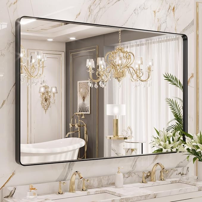 LOAAO 55X36 Inch Black Metal Framed Bathroom Mirror | Matte Black Bathroom Vanity Mirror, Rounded Rectangle, Anti-Rust, Tempered Glass, Hangs Horizontally or Vertically