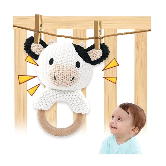 Cow Baby Rattle Sensory Toy Knitted Plush Stuffed Animal Teether Wood Ring Visual Tracking Auditory Development Shaker for Infants 3-9 Months Baby Birthday Shower Gift Infant Toys Gift