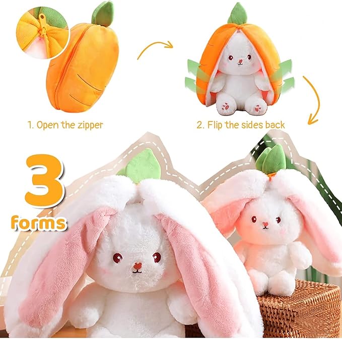 2PCS Plush Toy Pillow, Reversible Carrot Strawberry Bunny Plush with Zipper, Easter Bunny Stuffed Animal Cute Rabbit Plushie Birthday Gift for Boys Girls Kids (1pcs 7" Carrot)
