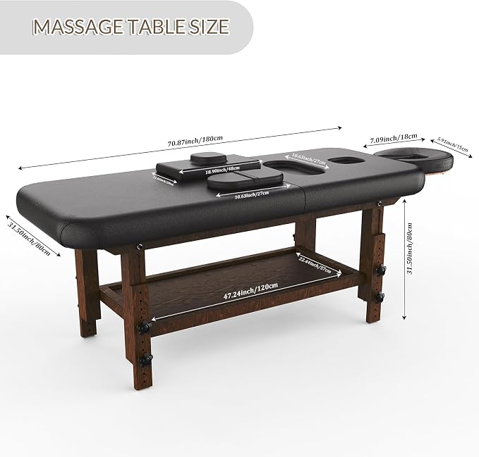 Heavy Duty Frame Professional Massage Table with Adjustable Backrest & Height Legs & Face Pillow, PU Leather, for Treatment, Physical Therapy, Spa Facial Professional Massage (Wood, Black)