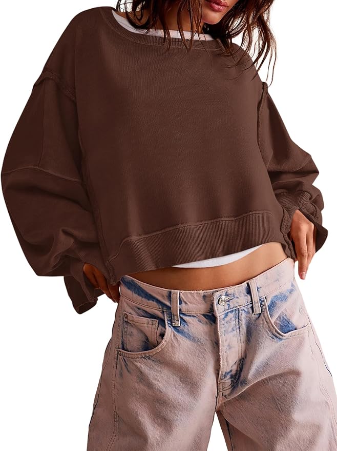 Zwurew Womens Casual Sweatshirt Cropped Shirts | Loose Fit, Tee Top, Pullover, Crop Hem, Design Trim, Daily Tops