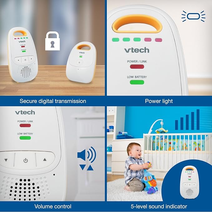 VTech Audio Baby Monitor — No Static DECT 6.0, No WiFi, Hack-Proof | 8Hr Battery, Belt Clip, 1000ft Range, 5-Level Sound Indicator | DM111