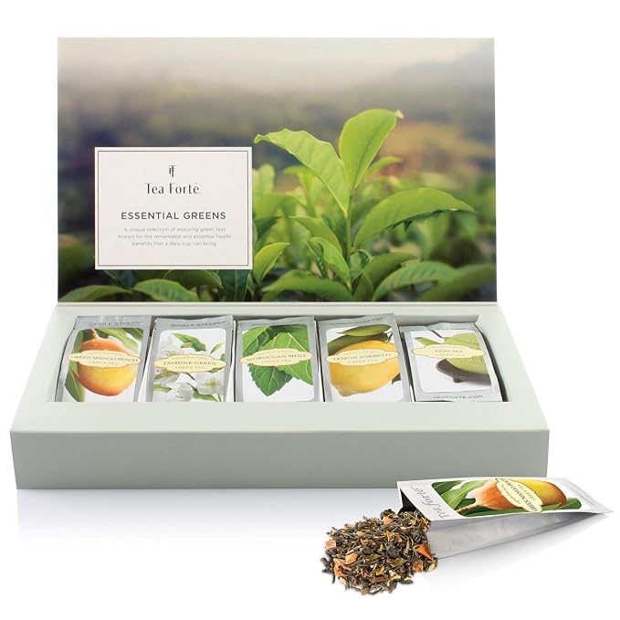 Tea Forte Single Steeps Loose Leaf Tea Sampler, Assorted Variety Tea Box, 15 Single Serve Pouches, Green Tea