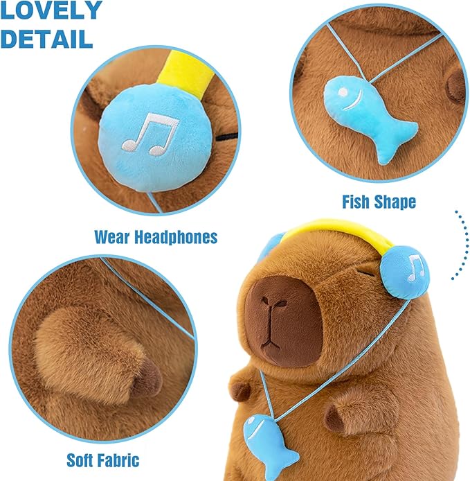 Ditucu Cute Capybara Plush with Headset 13 inch Super Soft Capibara Stuffed Animal Plushies Toys Hugging Gifts for Kids Brown