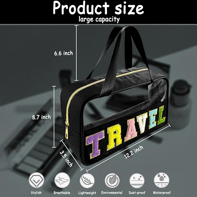Bunliuys Chenille Letter Clear Makeup Bag Travel Patch, Travel Toiletry Makeup Bag with Handle, Nylon Waterproof Makeup Bags clear cosmetic bag, preppy patch makeup bag for Women (TRAVEL-Black)