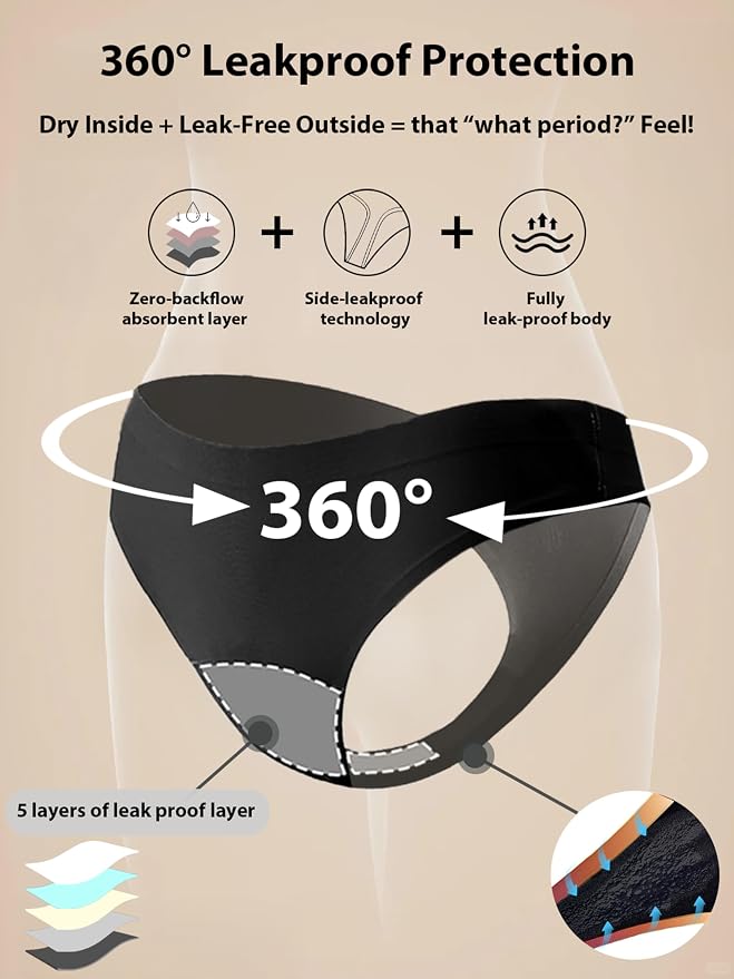 Seamless Thong Period Underwear for Women Teens Light Flow Moisture Wicking Side Leak Prevention Panties 3 Pack